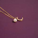 18K Gold PVD Stainless Steel Pearl Beaded Moon Charm: Gold / 15mm