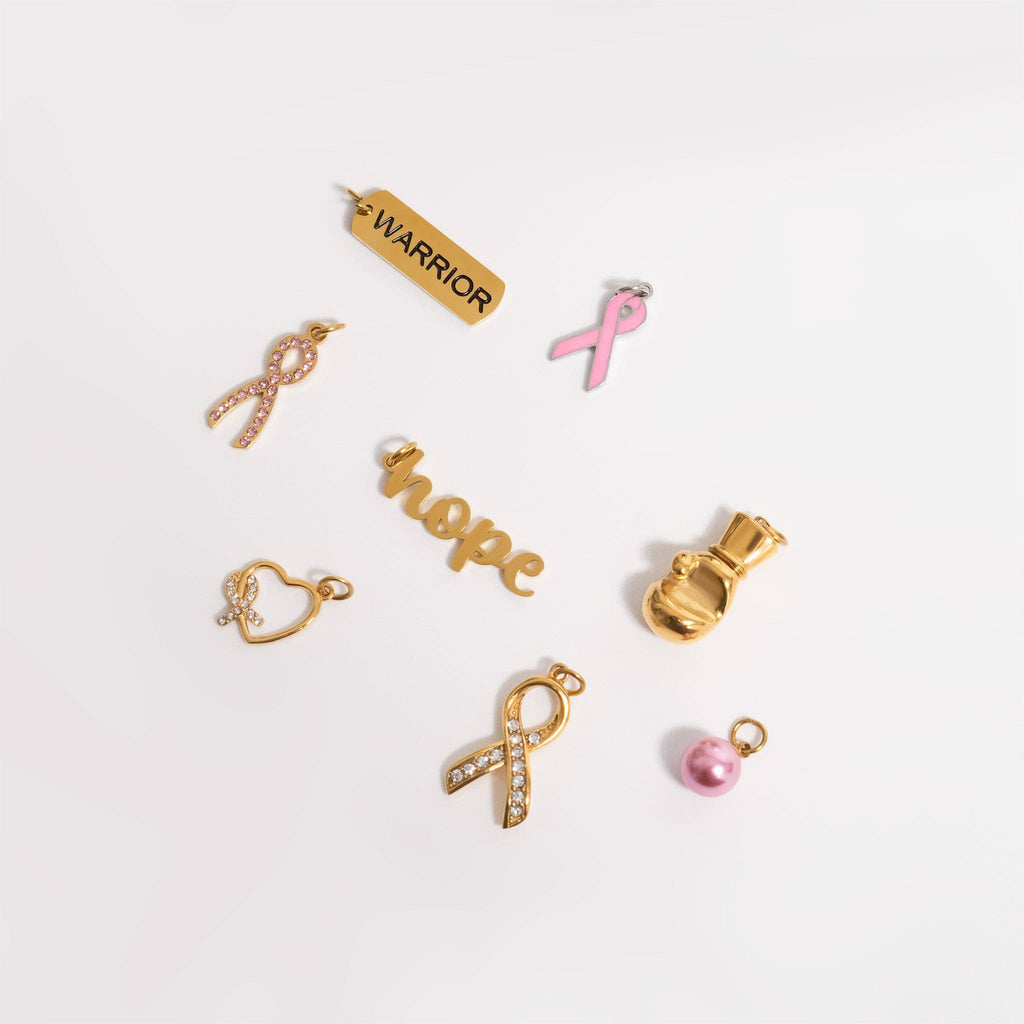 Breast Cancer Awareness Pink Ribbon Charm: Gold