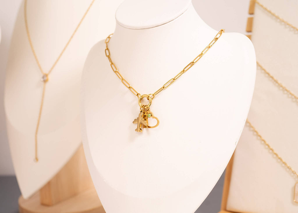 Stainless Steel Paperclip Carabiner Charm Holder Necklace: Gold / 18"+2"