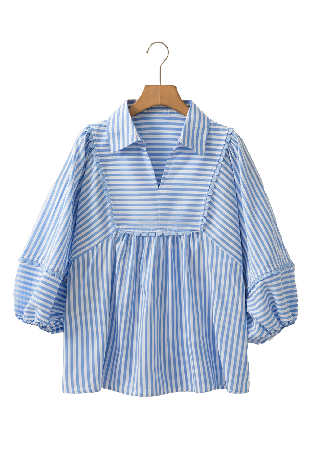 Blue Striped Ric Rac Trim Collared V Neck Blouse