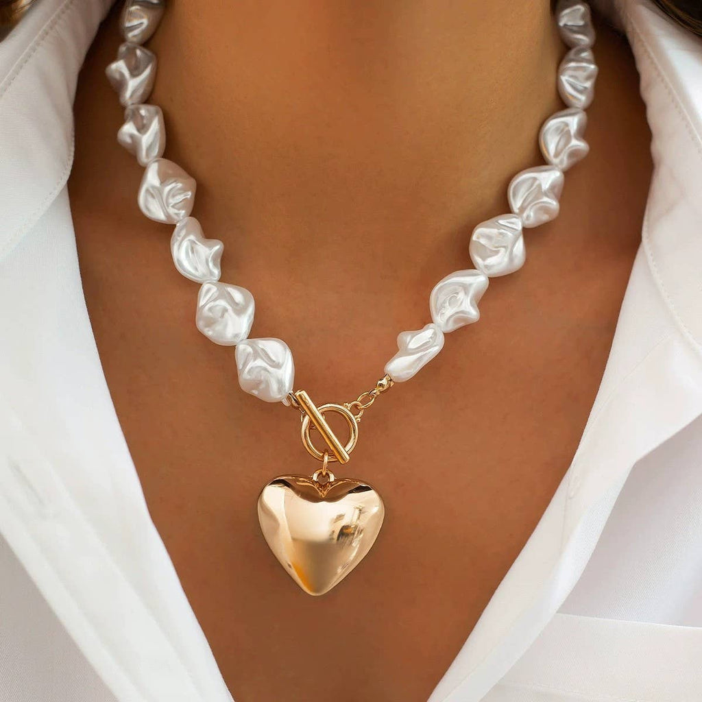 PEARL BEADED HEART CHARM TOGGLE NECKLACE | 40NK9466: GOLD
