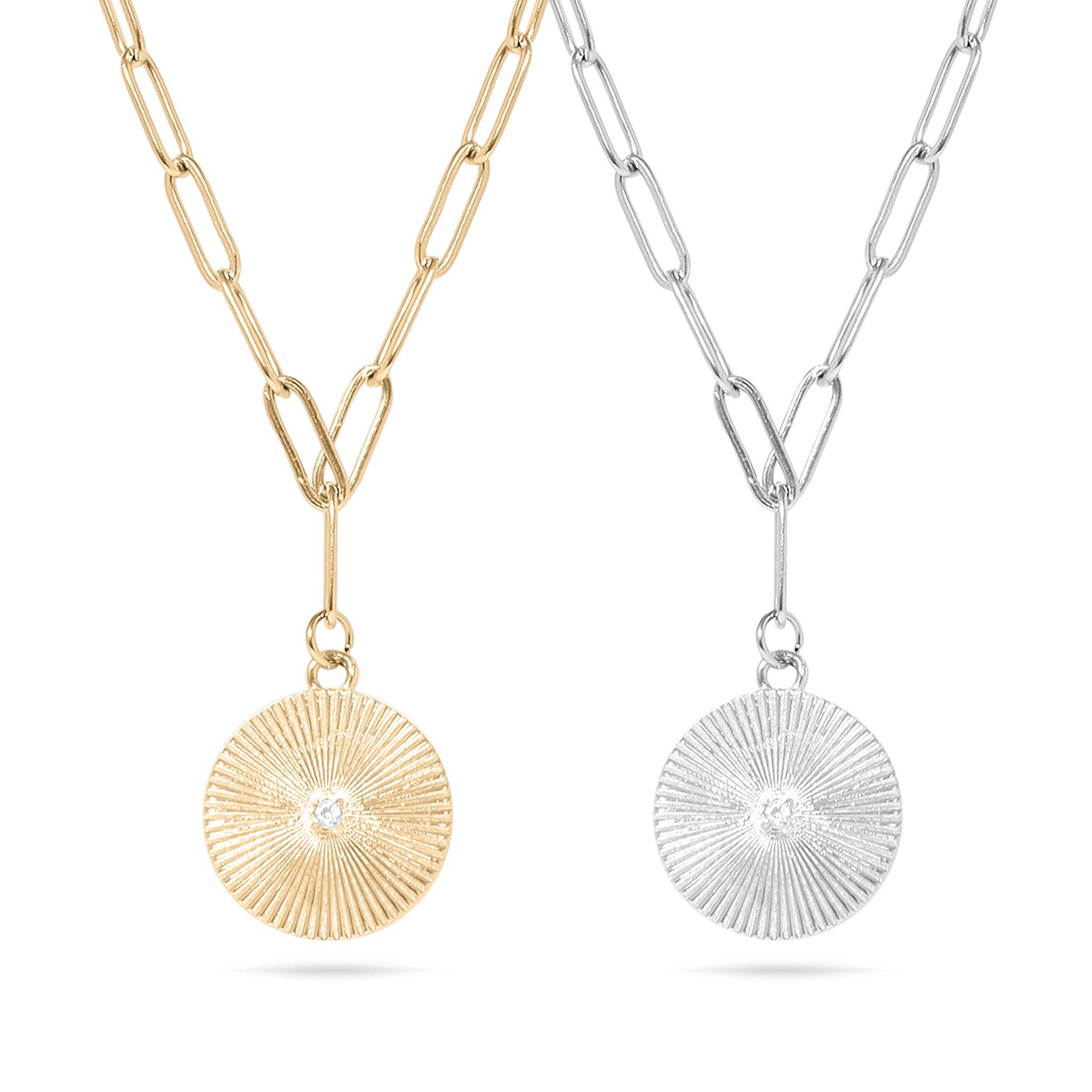 18K Gold PVD Stainless Steel Sunburst Medallion CZ Paperclip Necklace / CHN9967: Gold