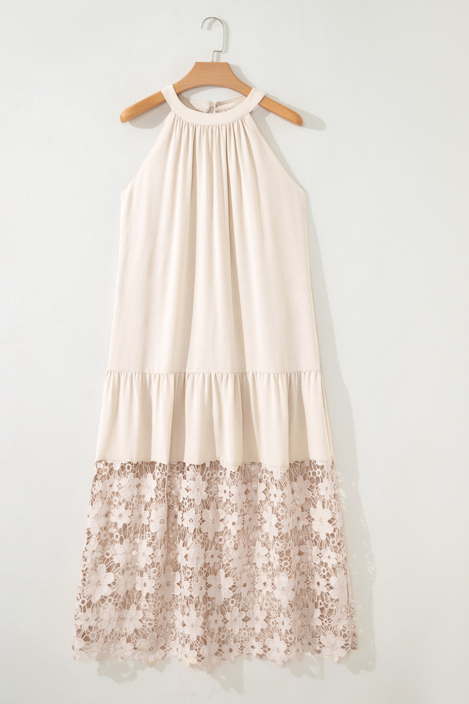 Beige Sheer Floral Lace Hem Halter Summer Dress