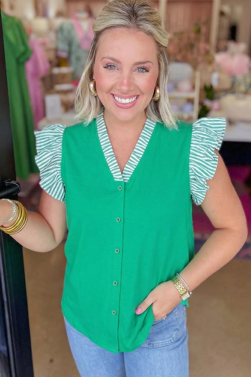 Dark Green Plus Size Flutter Sleeve Blouse