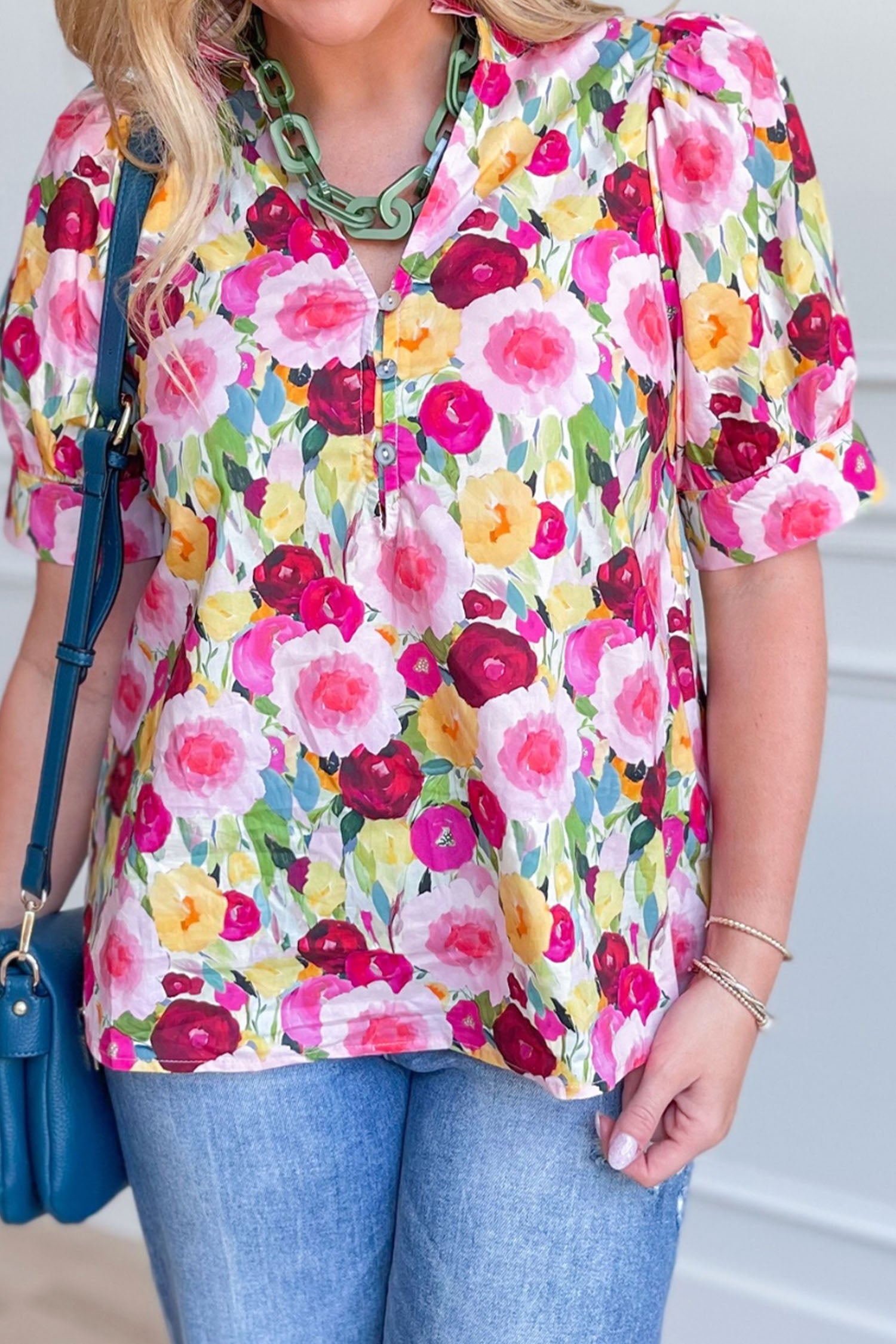 Pink Plus Size Flower Print Split V Neck Puff Short Sleeve Top