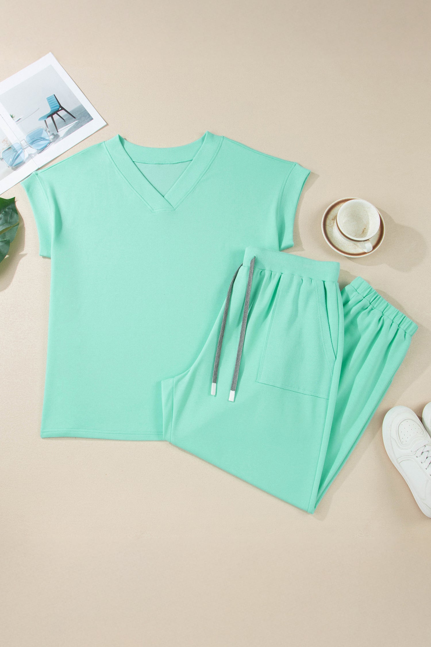 Mint Green V-Neck Tee and Drawstring Plus Size Pants Set