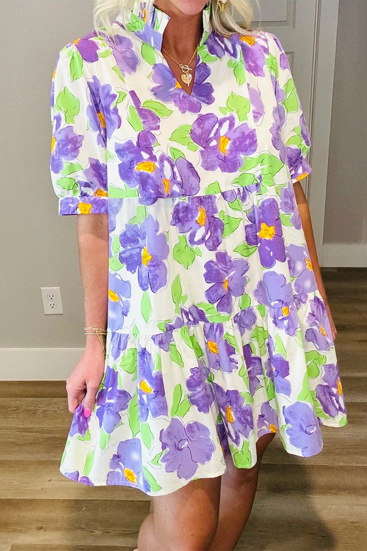 Purple Floral Tiered Ruffle Mini Dress
