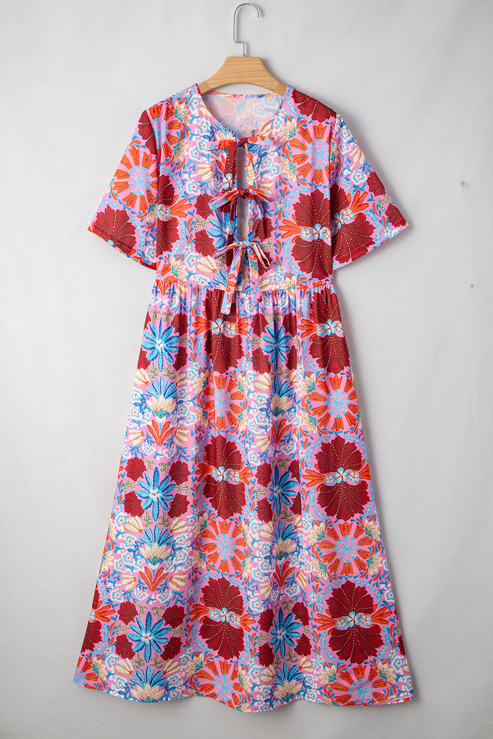 Rose Floral Print Tie Front Midi Dress