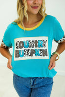 Country Bumpkin Patch Turquoise Ringer Tee: Turquoise