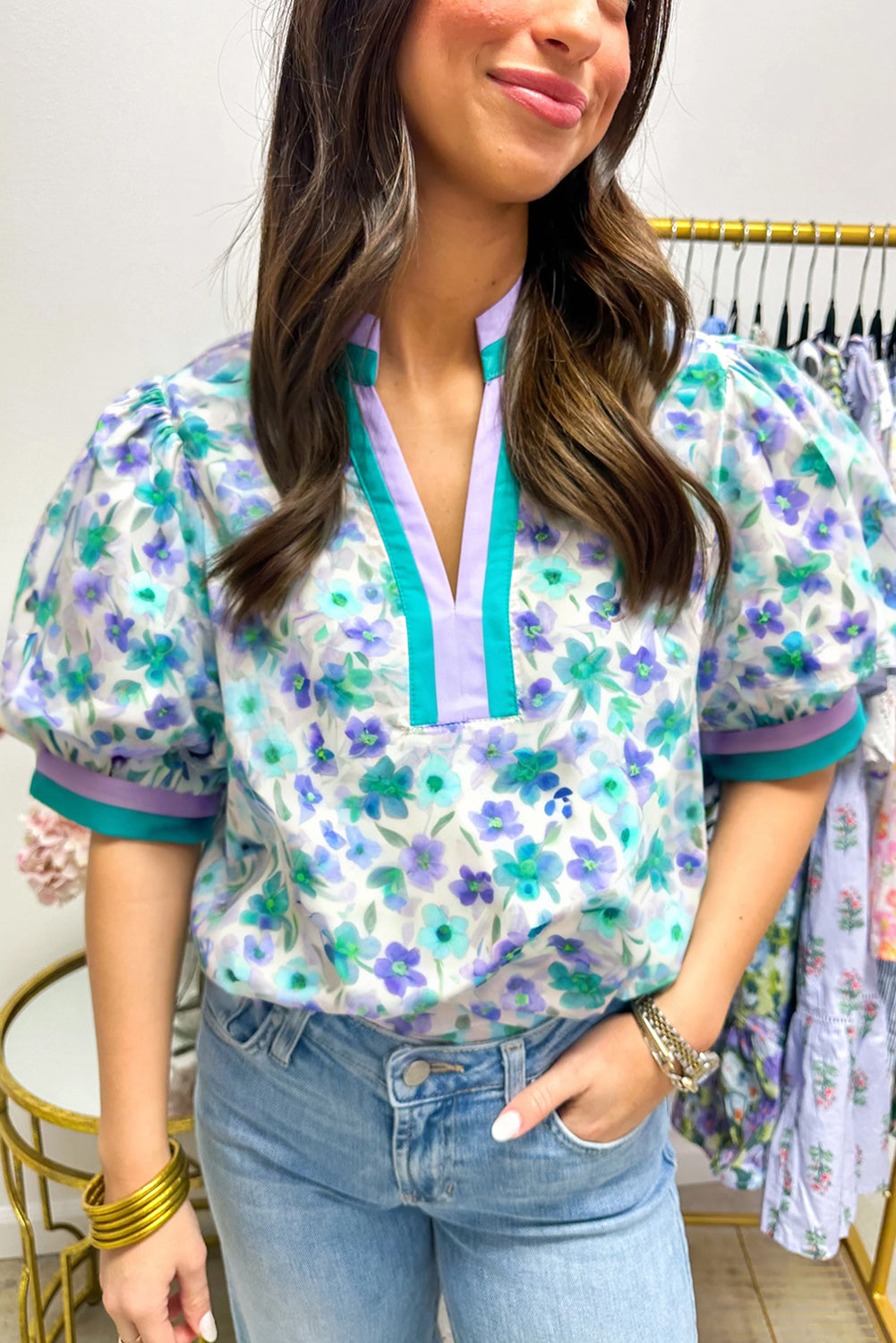 Green Floral Print Puff Short Sleeve Blouse