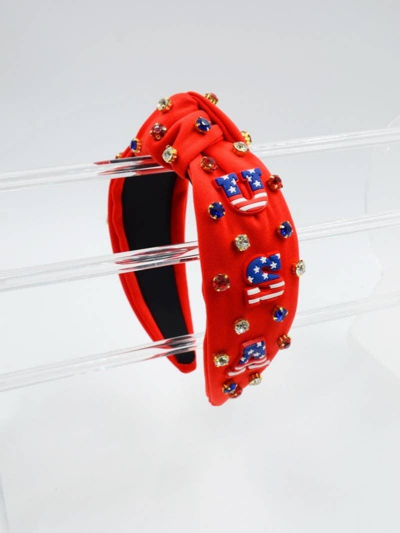 4TH OF JULY USA RHINESTONE STUD HEADBAND | 40HB164: Red