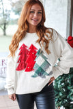White Pearl Plaid Christmas Tree Patched Drop Shoulder Sweatshirt