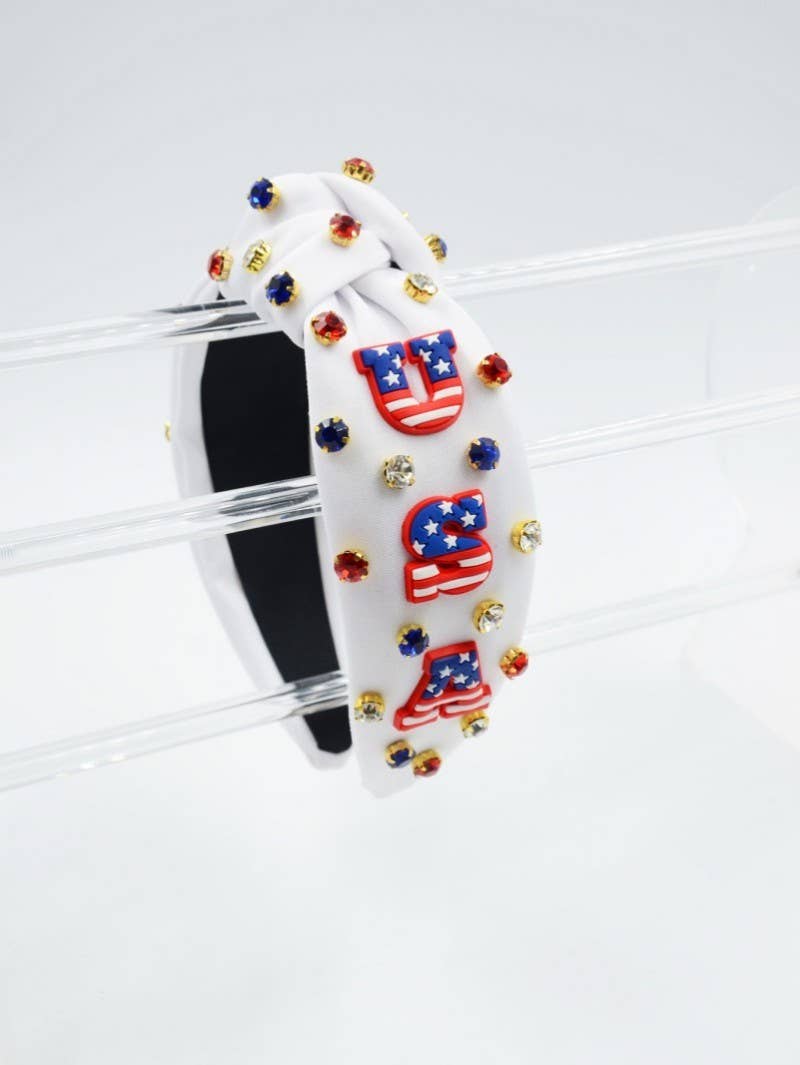 4TH OF JULY USA RHINESTONE STUD HEADBAND | 40HB164: Red