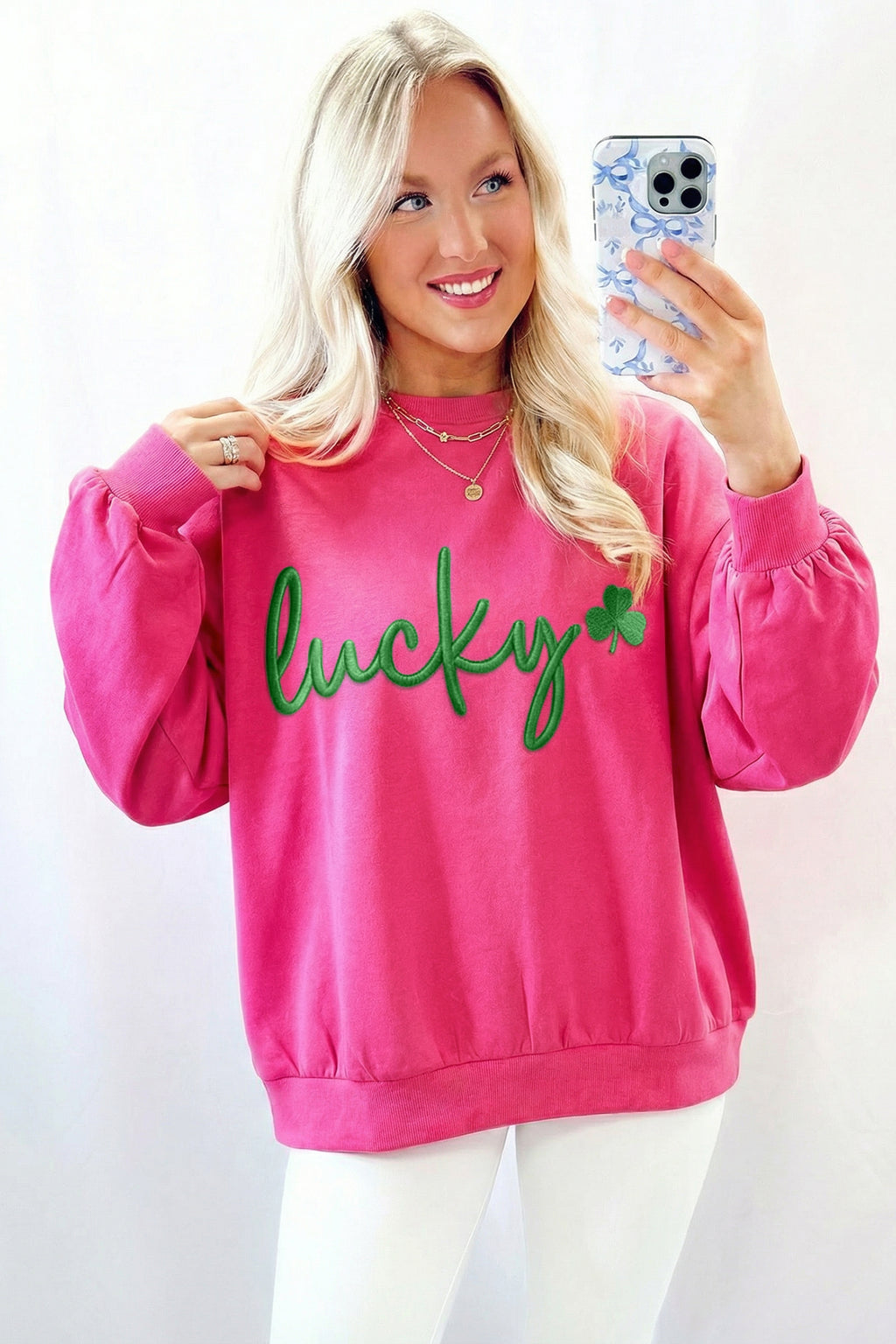 Rose Red Lucky Clover Embroidered Loose Pullover Sweatshirt