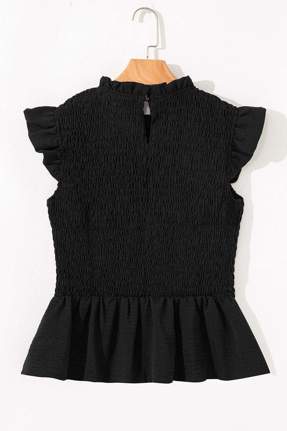 Black Ruffle Short Sleeve Shirred Peplum Top