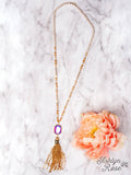 WATCH THE SUNSET WITH ME IRIDESCENT PENDANT WITH GOLD CHAIN TASSELS ON A MIXED CRYSTAL BEADED NECKLACE, WHITE: White / One Size