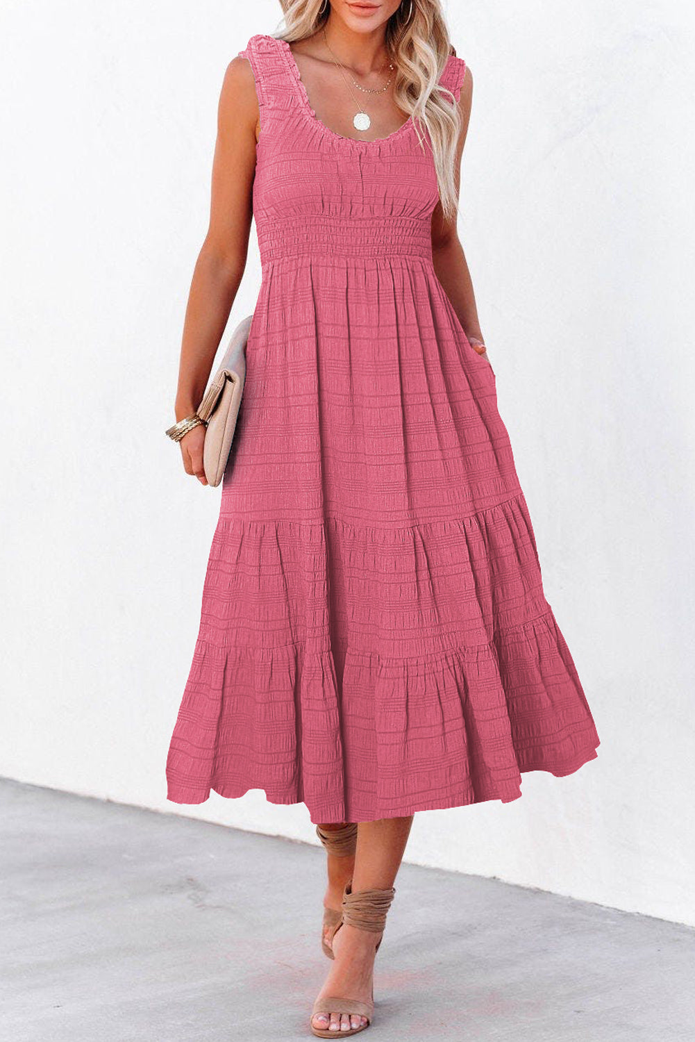 Rose Shirred Pleated Midi Dress