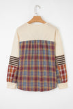 Beige Waffle Stripe Plaid Patchwork Henley Top
