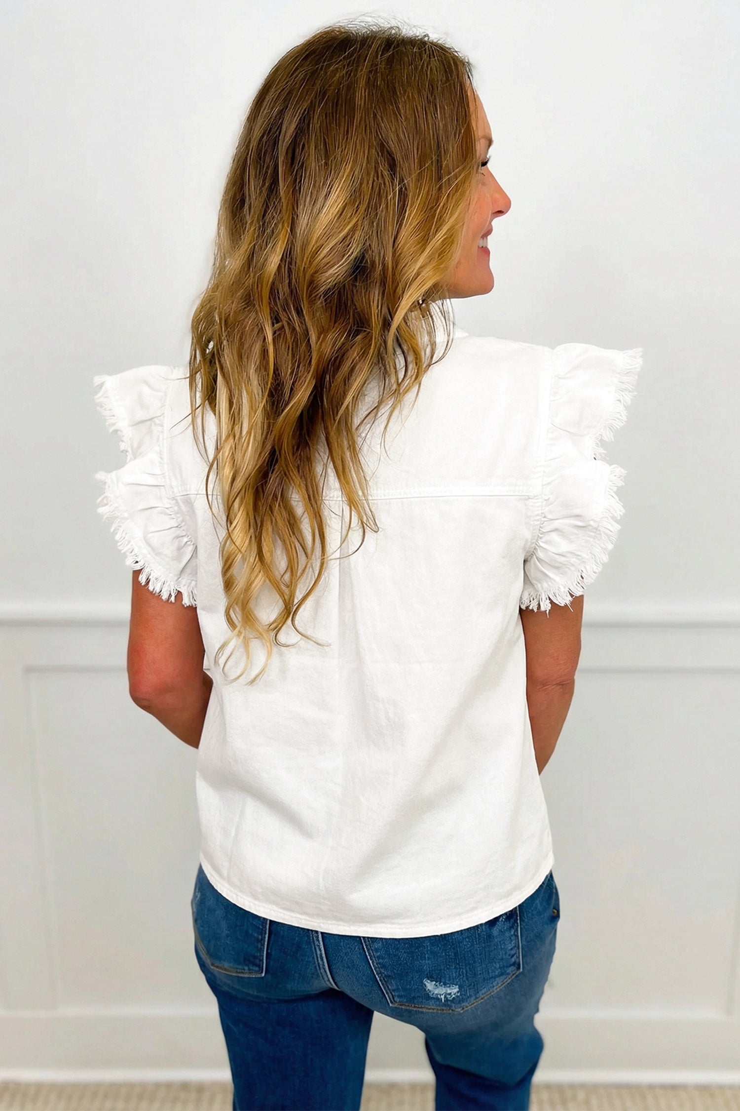 White Frilled Collar Flutter Sleeve Top