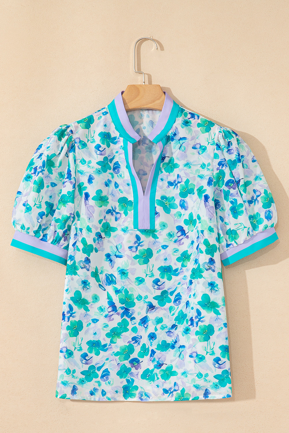 Green Floral Print Puff Short Sleeve Blouse