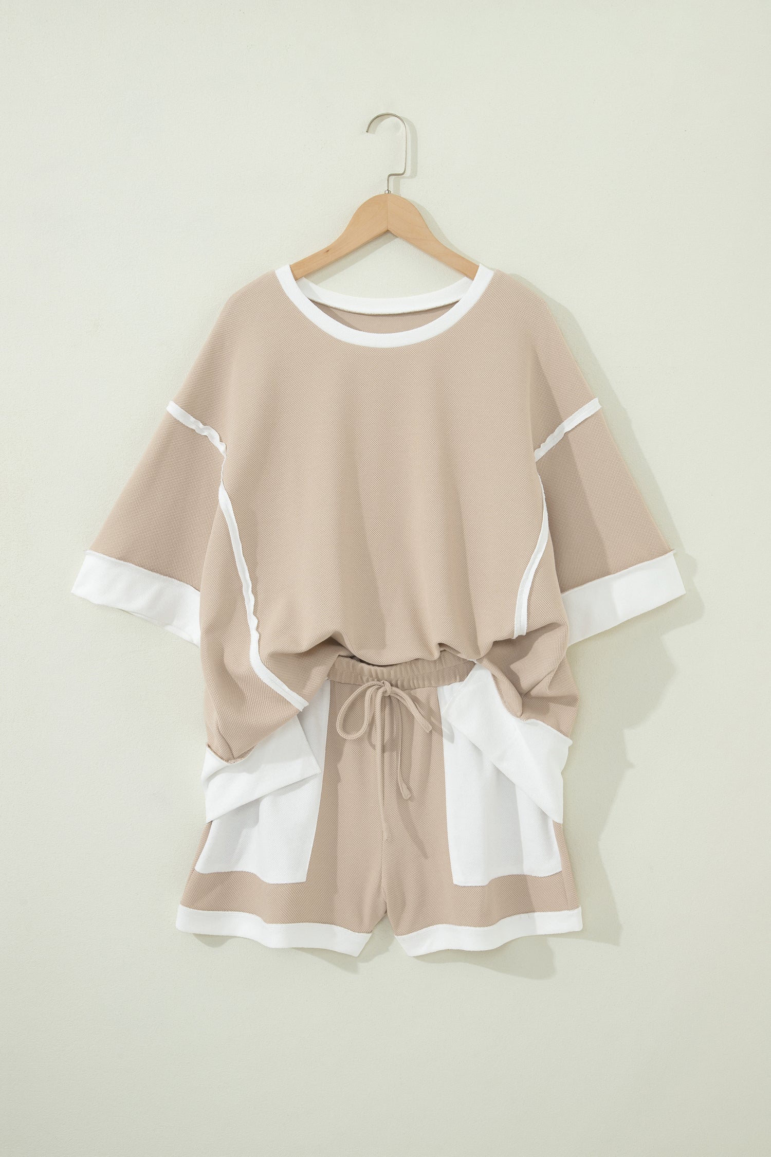 Beige Raw Edge Color Block Oversize Tee Drawstring Loose Shorts 2pcs Set