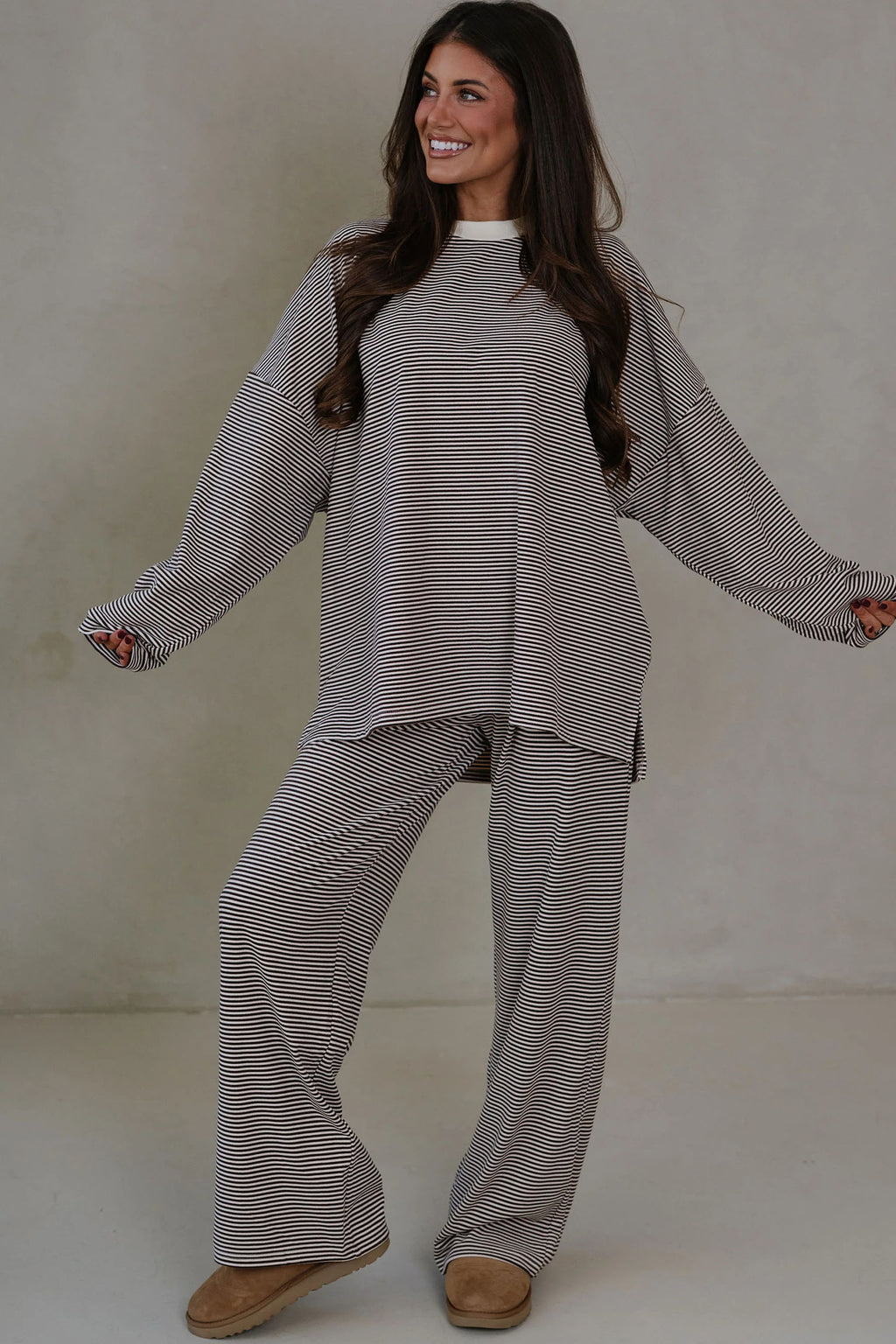 Pink Striped Drop Shoulder Long Sleeve Top and Pant Set