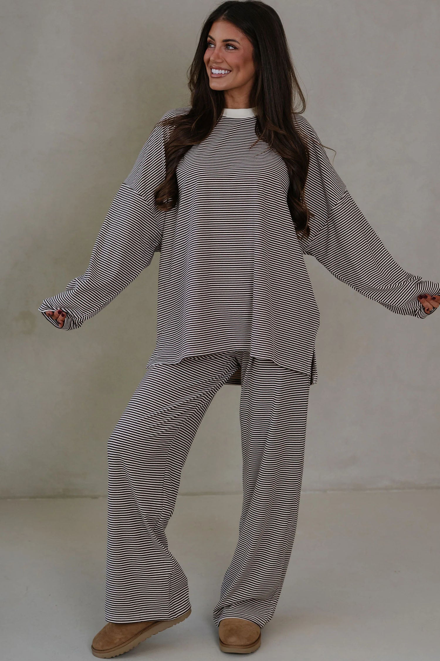 Pink Striped Drop Shoulder Long Sleeve Top and Pant Set