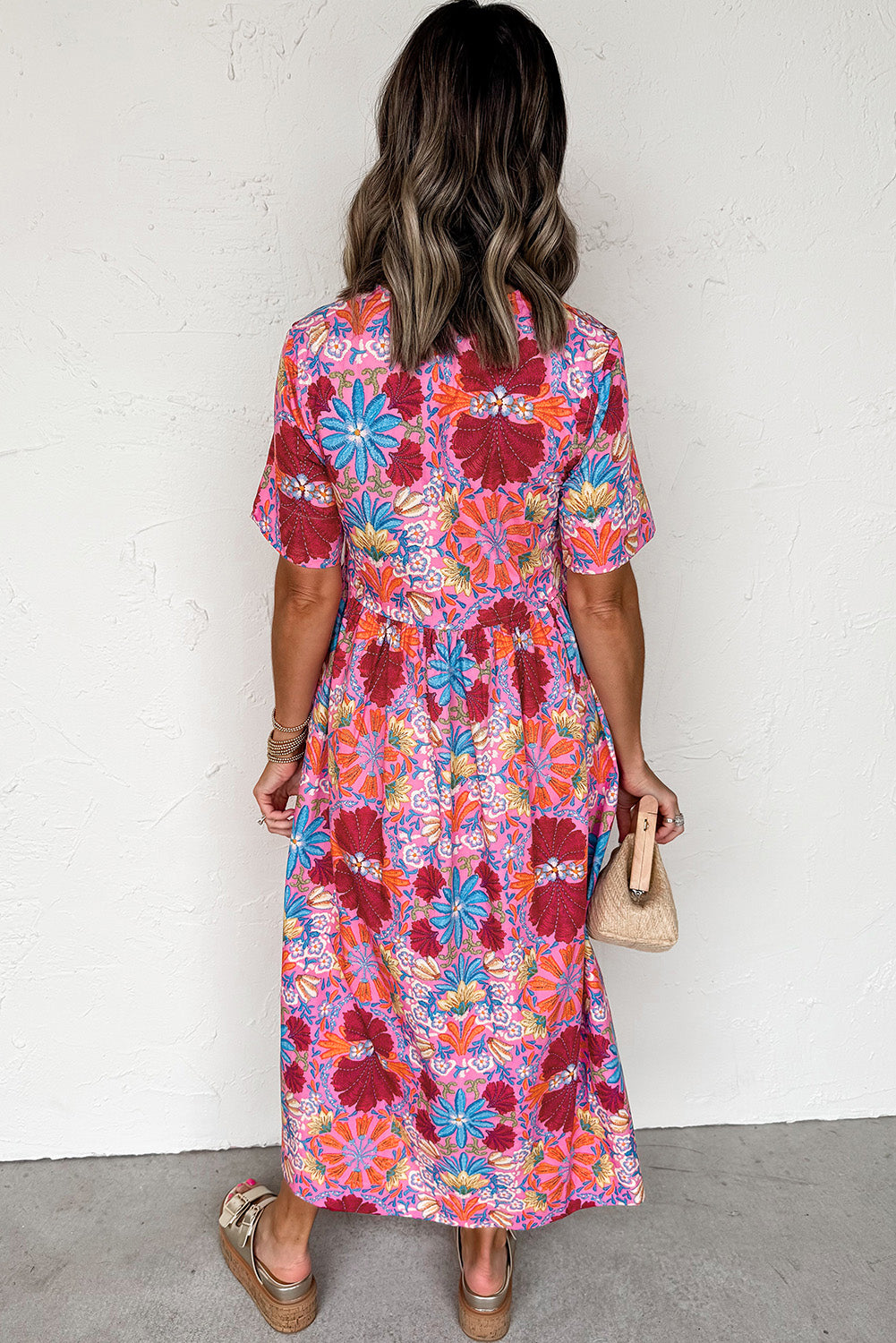 Rose Floral Print Tie Front Midi Dress