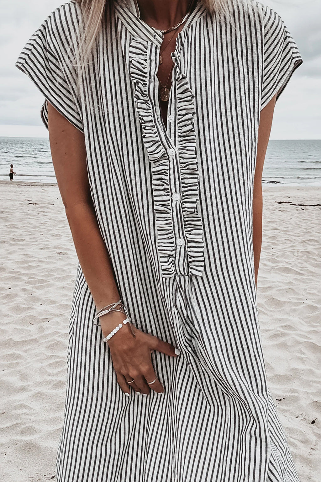 Black Stripe Short Sleeve Long Dress