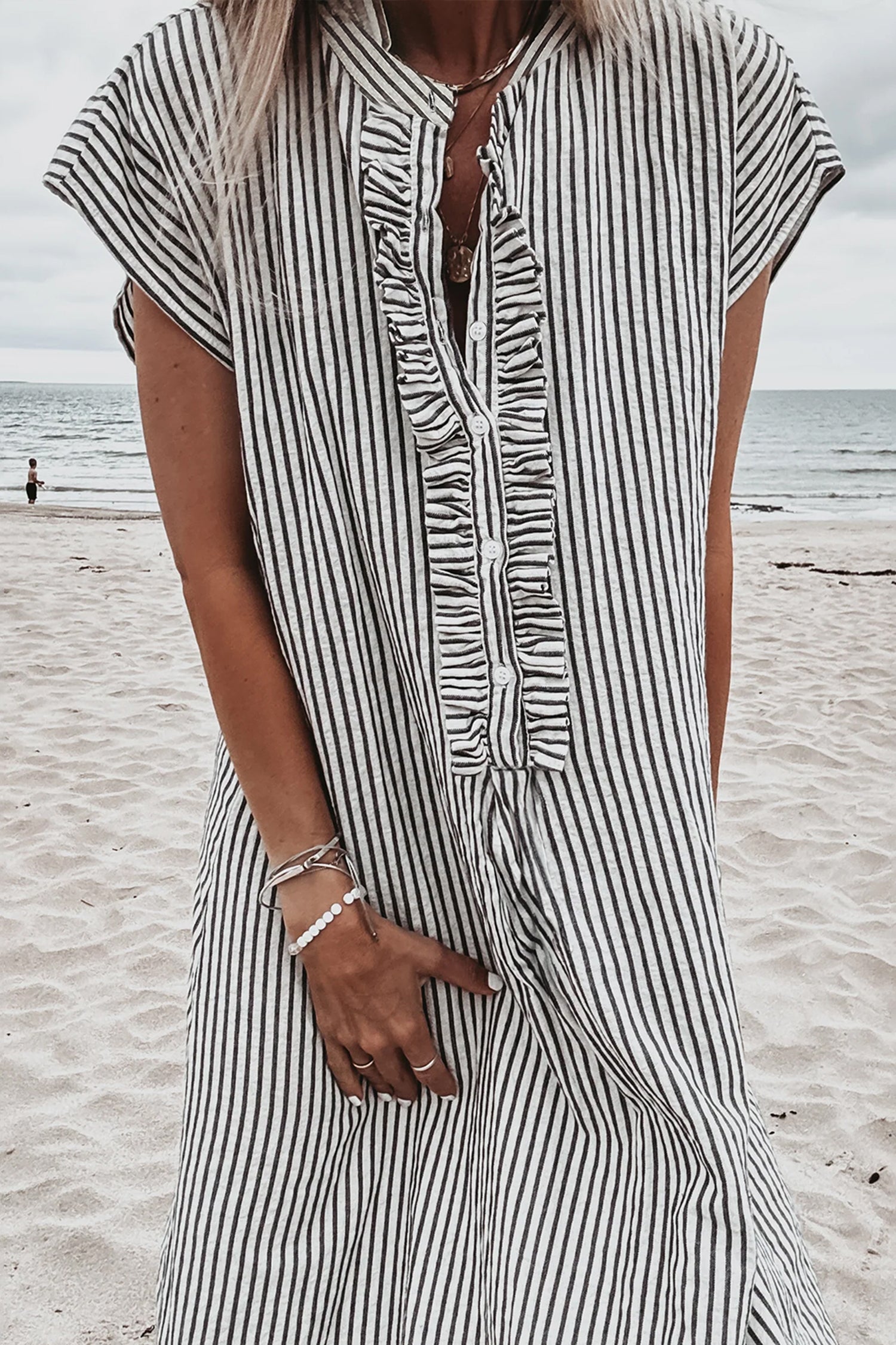 Black Stripe Short Sleeve Long Dress
