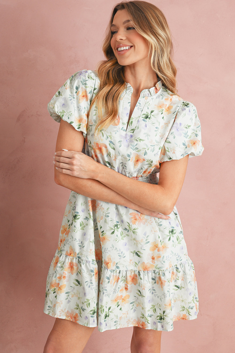 Beige Floral Smocked High Waist Puff Sleeve Mini Dress