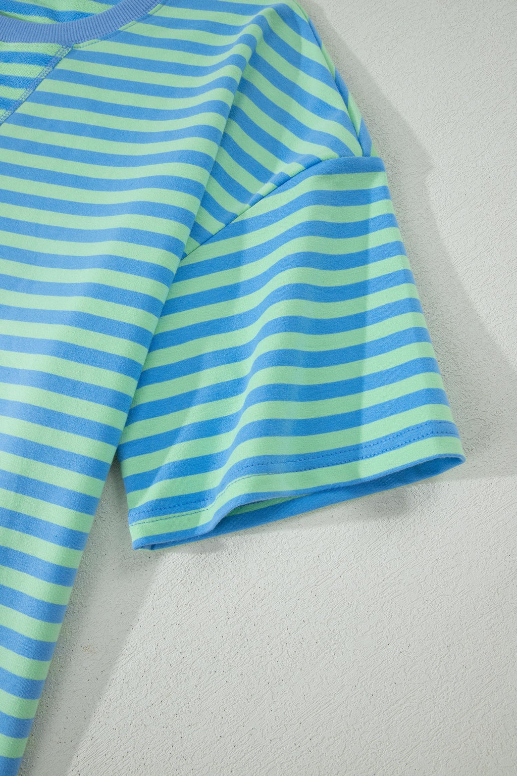 Blue Stripe Striped Ribbed Cotton Two-Piece Short Set with Chest Patch Detail