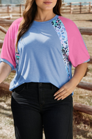 Floral Leopard Print Patch Colorblock Plus Size T Shirt: As shown / Plus Size / 1X