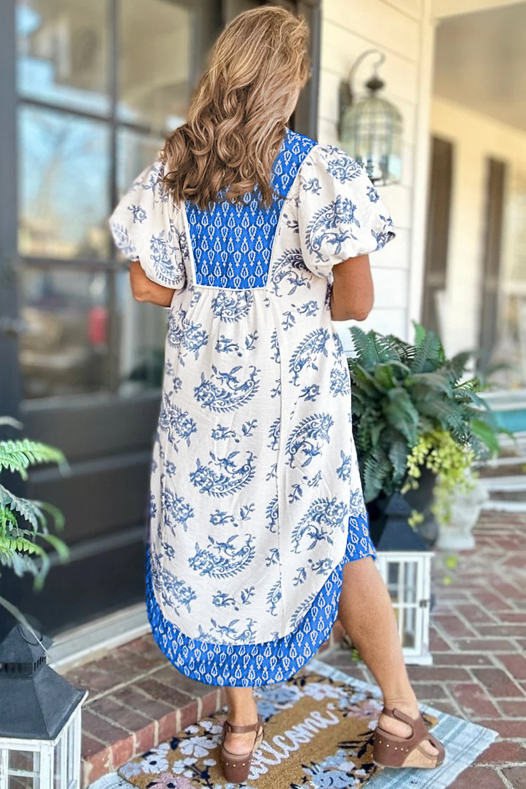 Sky Blue Plus Size Floral Print Boho Midi Dress