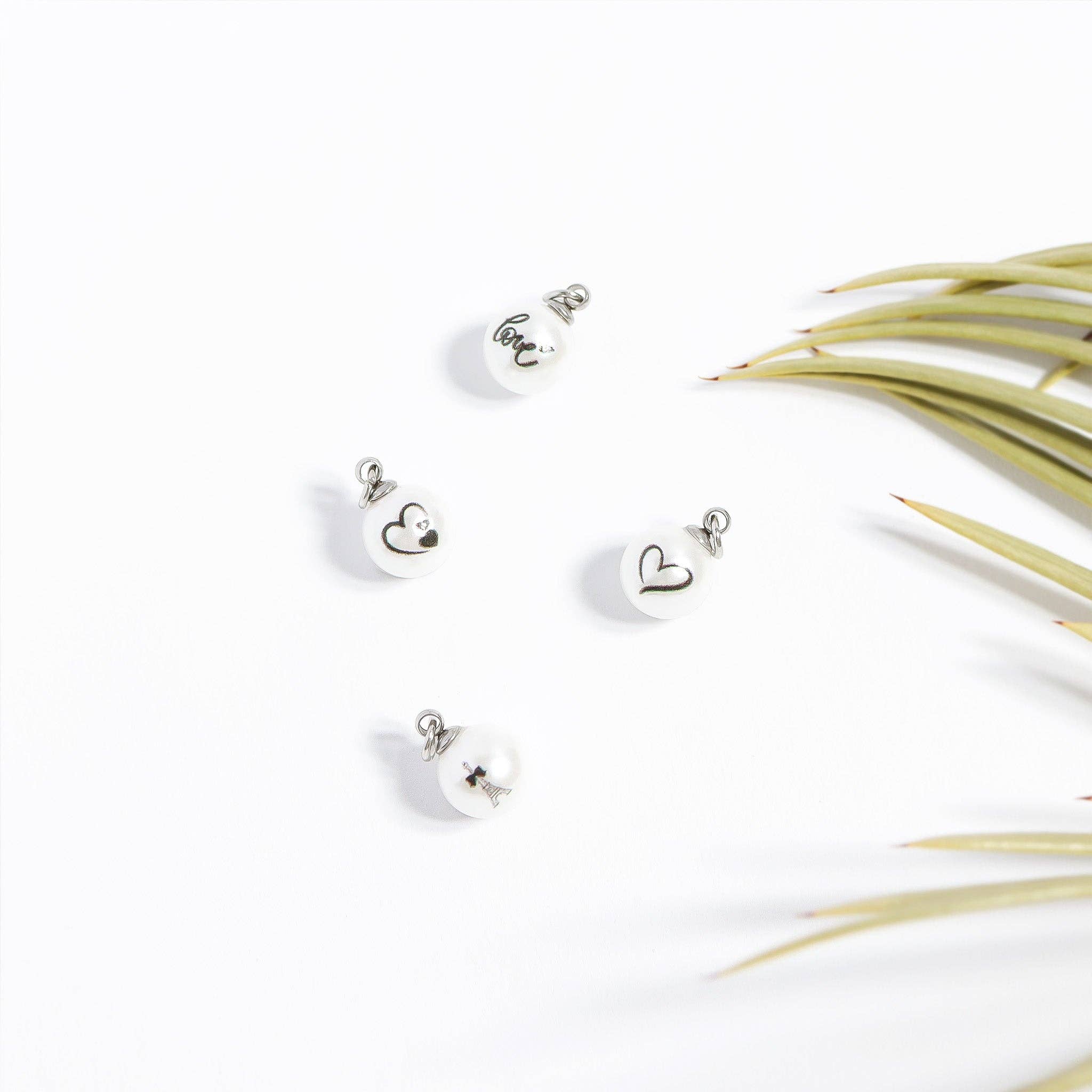 18K Gold PVD Stainless Steel 8mm Love Printed Pearl Charm: Stainless