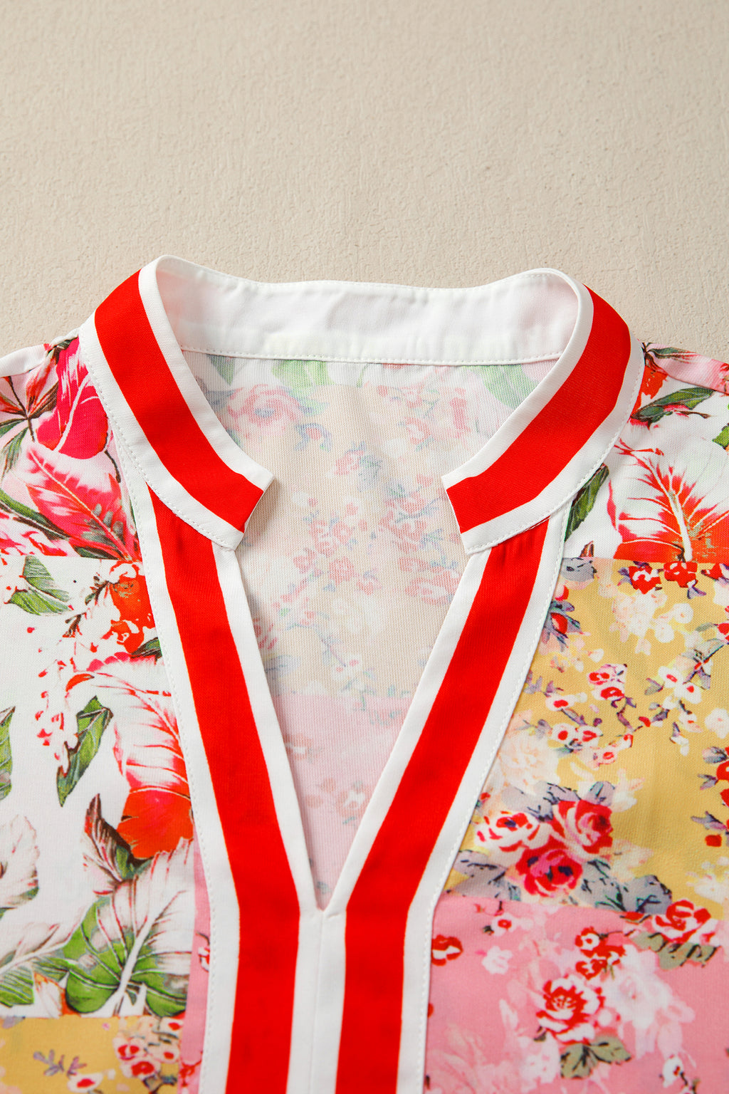 Pink V Neck Short Sleeve Floral Blouse