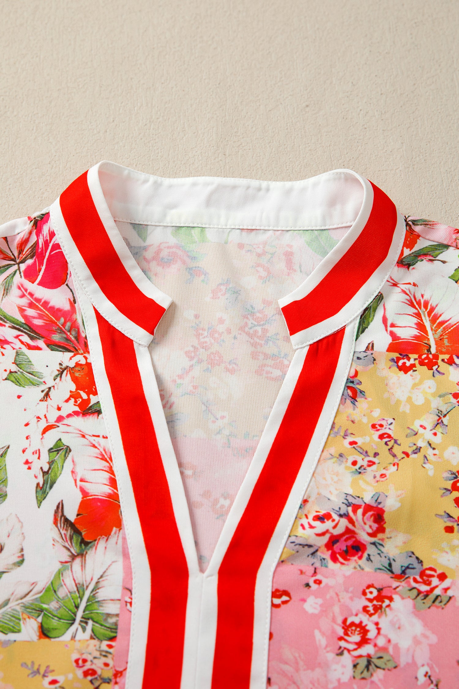 Pink V Neck Short Sleeve Floral Blouse