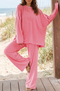 Pink Striped Drop Shoulder Long Sleeve Top and Pant Set