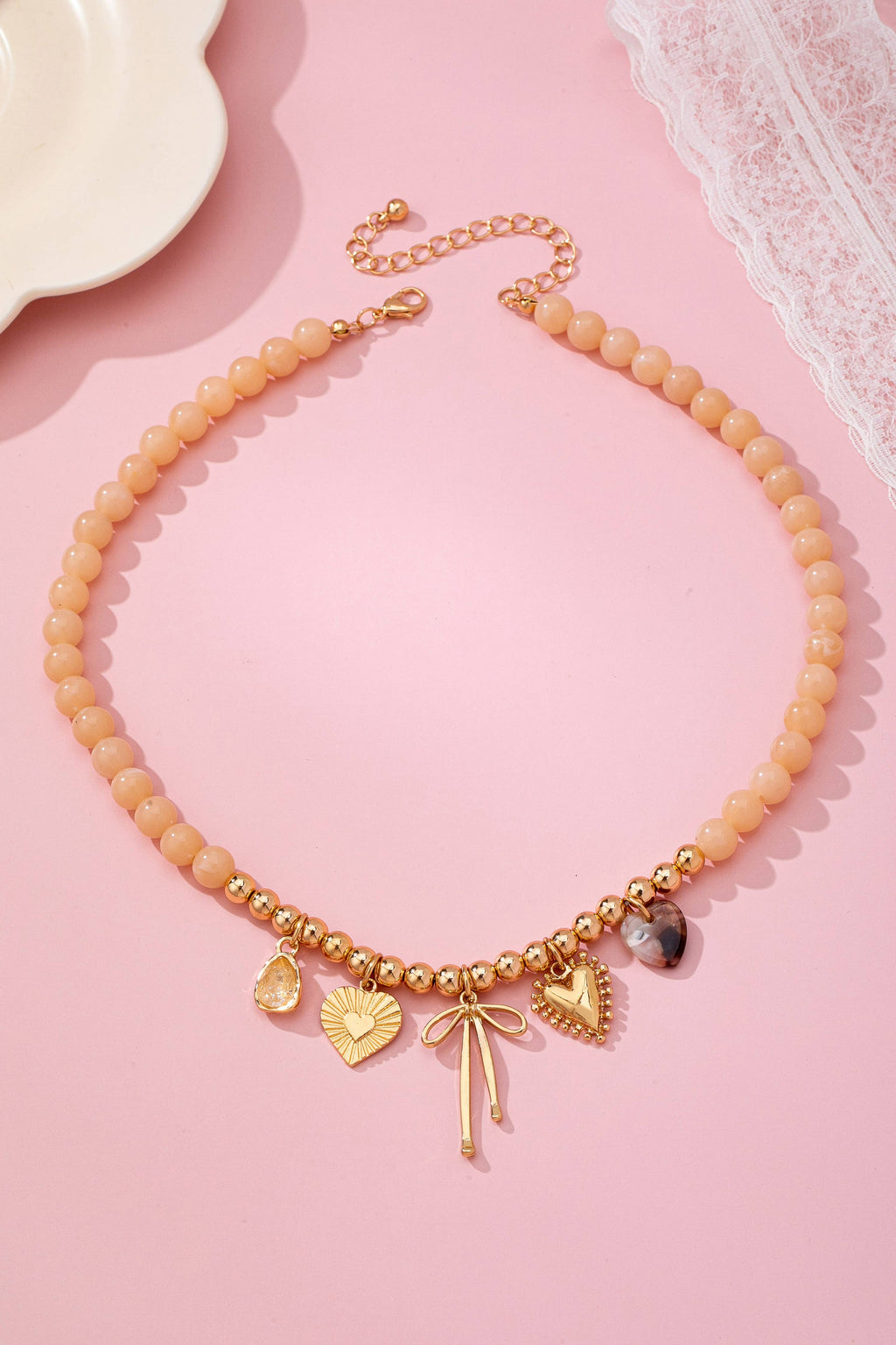 Beige Beaded Bow Heart Rhinestone Charm Necklace | 80N92689: GOLD