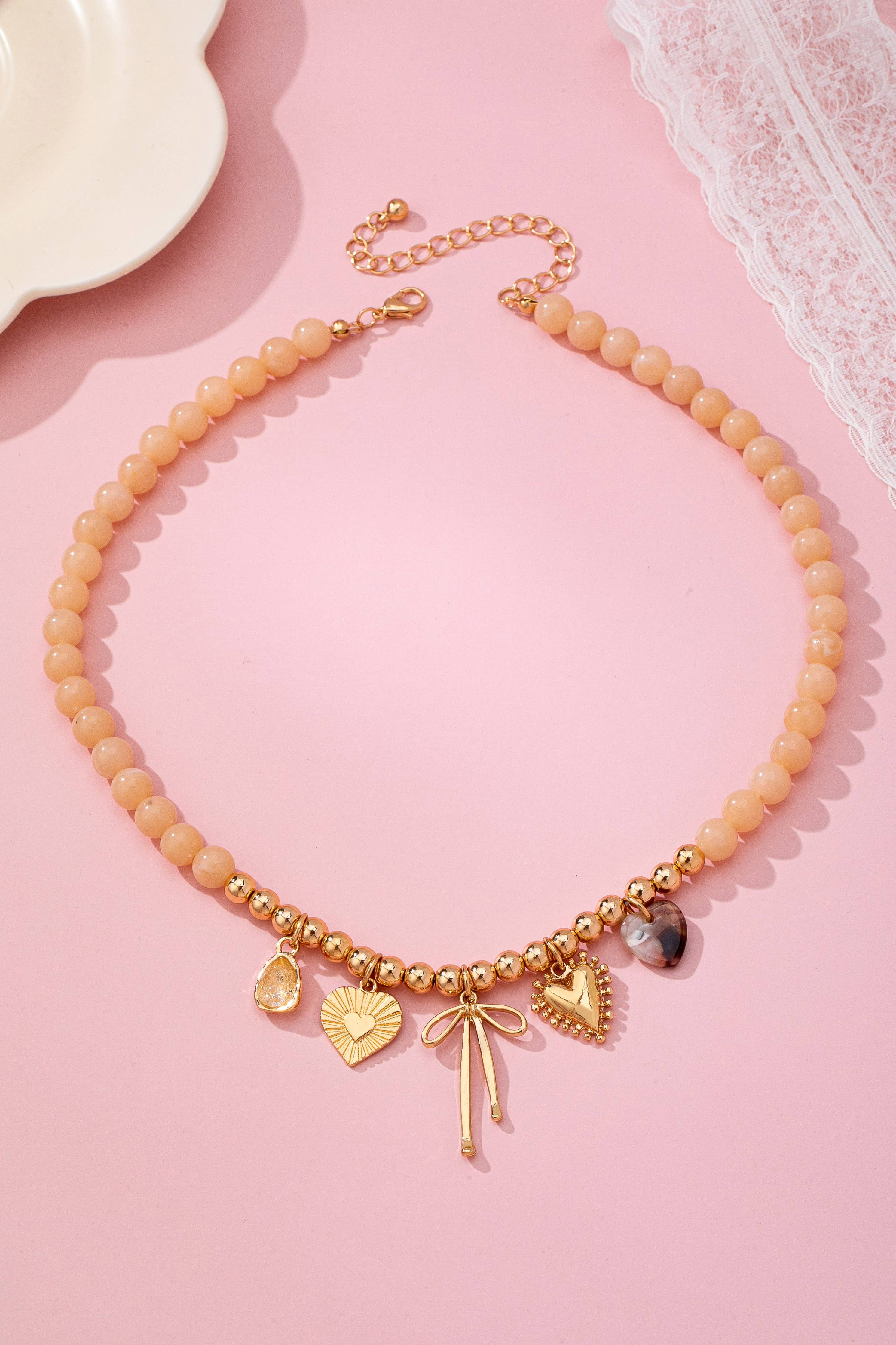 Beige Beaded Bow Heart Rhinestone Charm Necklace | 80N92689: GOLD