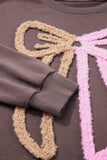 Contrast Terry Bow Pattern Drop Shoulder Sweatshirt (S-XL): Purple / Missy