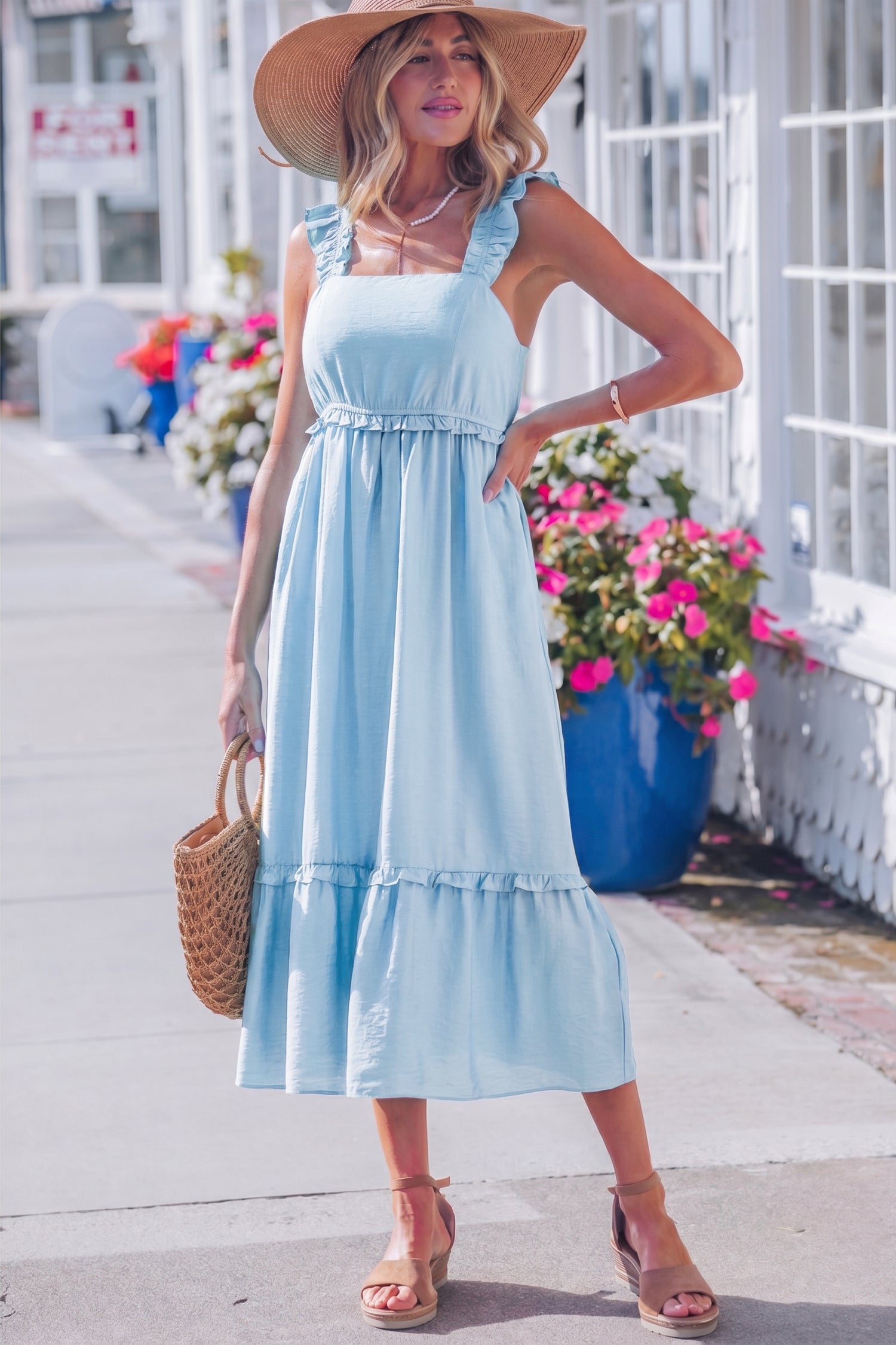 Beau Blue Ruffle High Waist Sleeveless Maxi Dress
