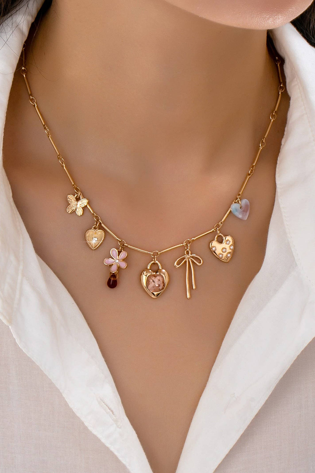 CHARM NECKLACE-HEARTS FLOWER BOW BUTTERFLY | 80N92639: GOLD