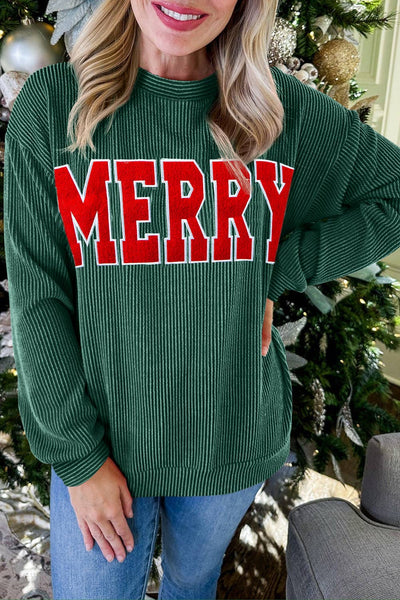 Twisted Rib Outlined Merry Letter Graphic christma Top(S-4X): Green / S