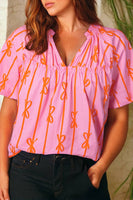 Fashion-W Bowknot Print Shirred Puff Sleeve Plus Size Blouse: As shown / Plus Size / 3X
