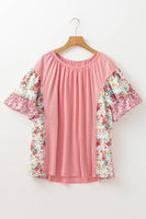 Plus Size Floral Patchwork Ruffled Short Sleeve Blouse: Pink