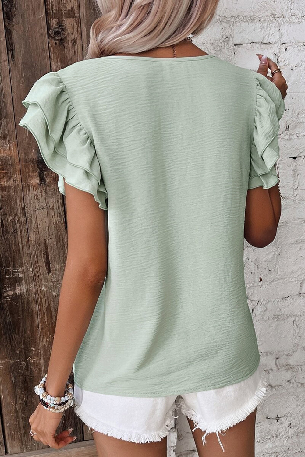 Aqua Ruffle Sleeve Crinkled Blouse