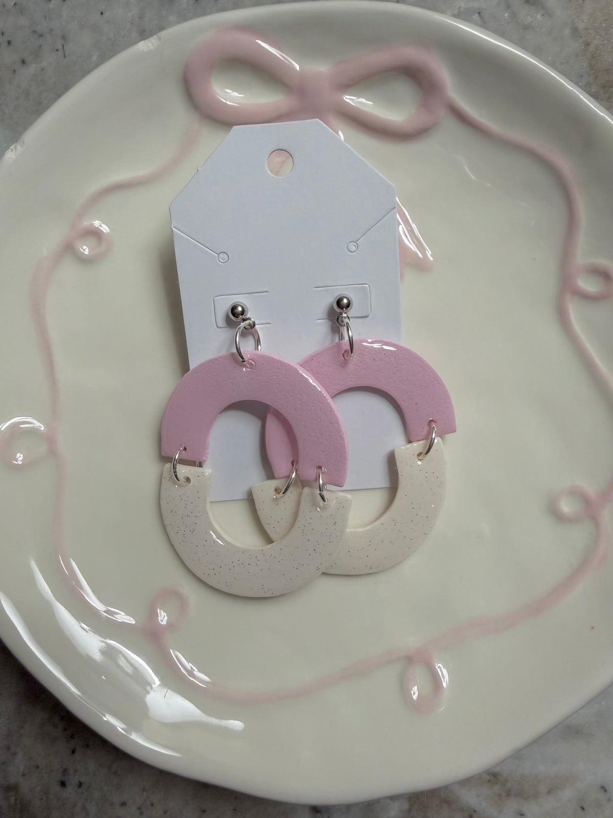 Pink and White U Shape Dangles (Silver) Handmade , Large