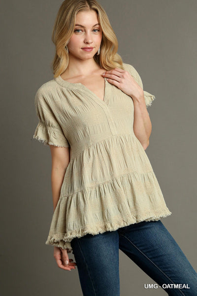 Plus Sizer Oatmeal Top with Ruffle Sleeves