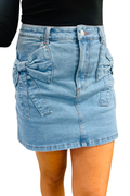 Dusk Blue Acid Washed Bowknot Details High Waist Denim Skirt